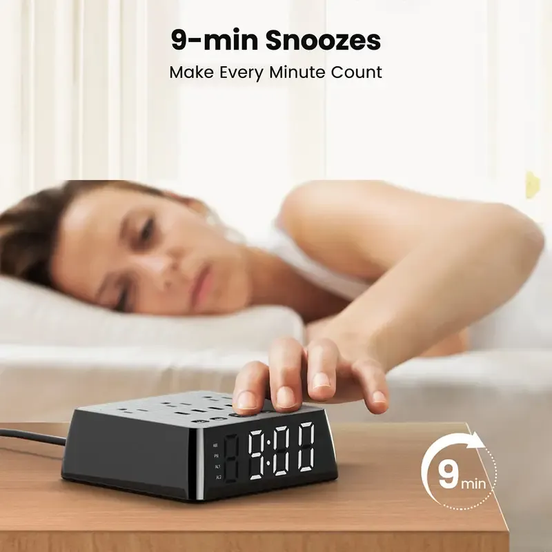4 USB Digital Alarm Clock Digital Alarm Clock With 4 USB Charger, Desk Charging Station 3 AC Outlets, 6.5ft Cord, Power Strip Surge Protector 1700J, LCD Display, Easy Alarm Setting For Bedroom Dorm Room Hotel, Black