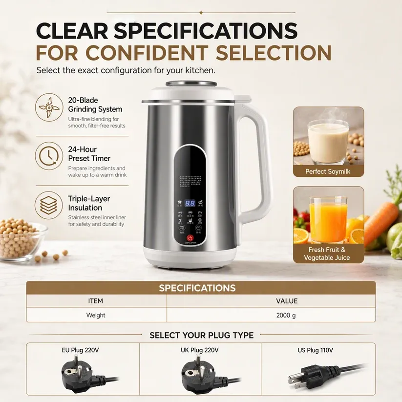 Multi-Functional 304 Stainless Steel Soy Milk Maker and High- Blender Large Capacity Filter-Free Household Food Processor with Smart Timer