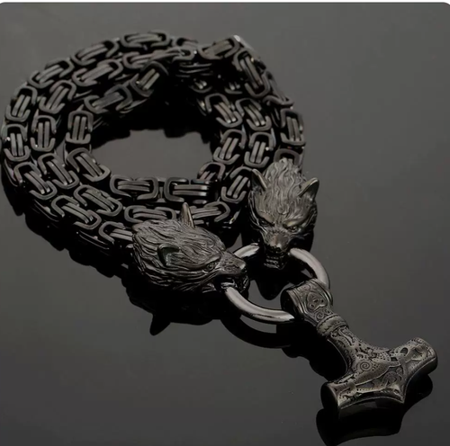 💗New Nordic-style wolf head black square buckle chain Thor's hammer men's necklace💗
