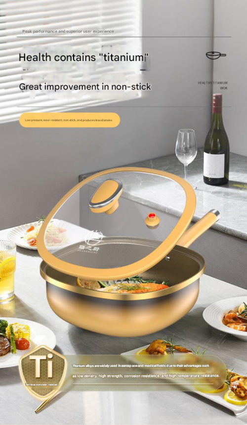 Titanium-coated non-stick frying pan, suitable for household use on gas stoves and induction cookers.