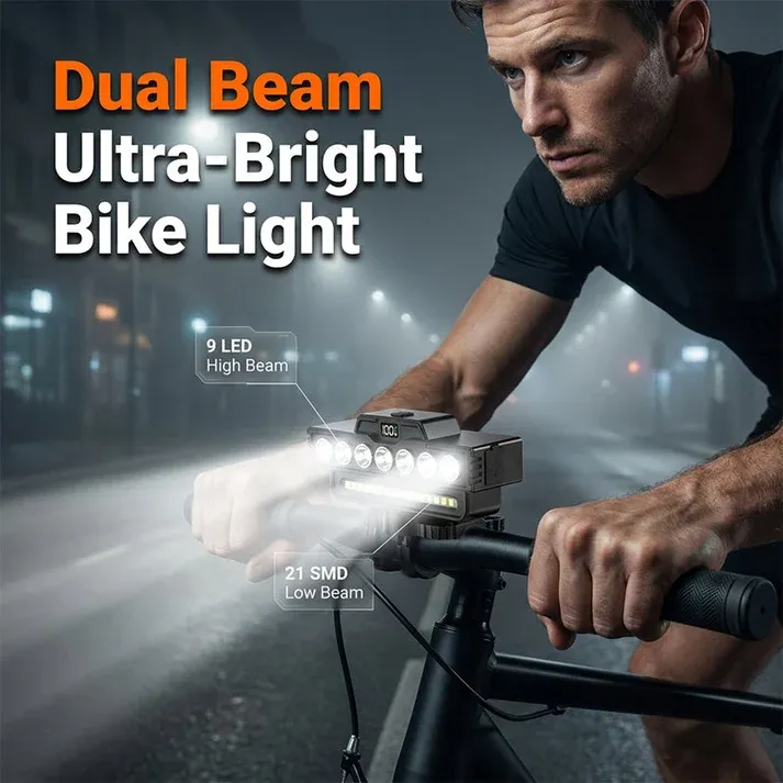 Ultra-Bright Bike Light – Dual Beam, 30 LEDs & Real-Time Display – Up to 20H Runtime, Type-C & Remote
