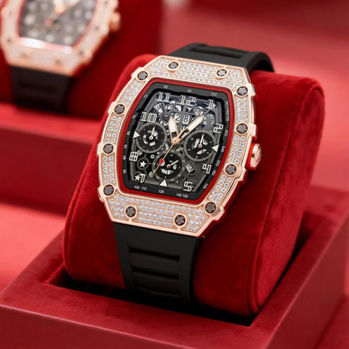 Luxury Men's Tonneau-Shaped Watch with Rhinestone Embellishment