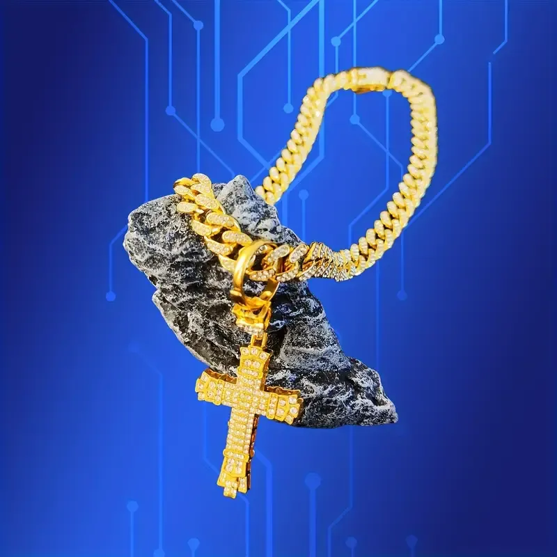Luxury Cuban chain necklace with thick cross pendant in silver and gold plated colors, making you the brightest