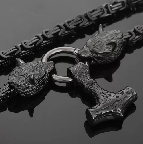 💗New Nordic-style wolf head black square buckle chain Thor's hammer men's necklace💗