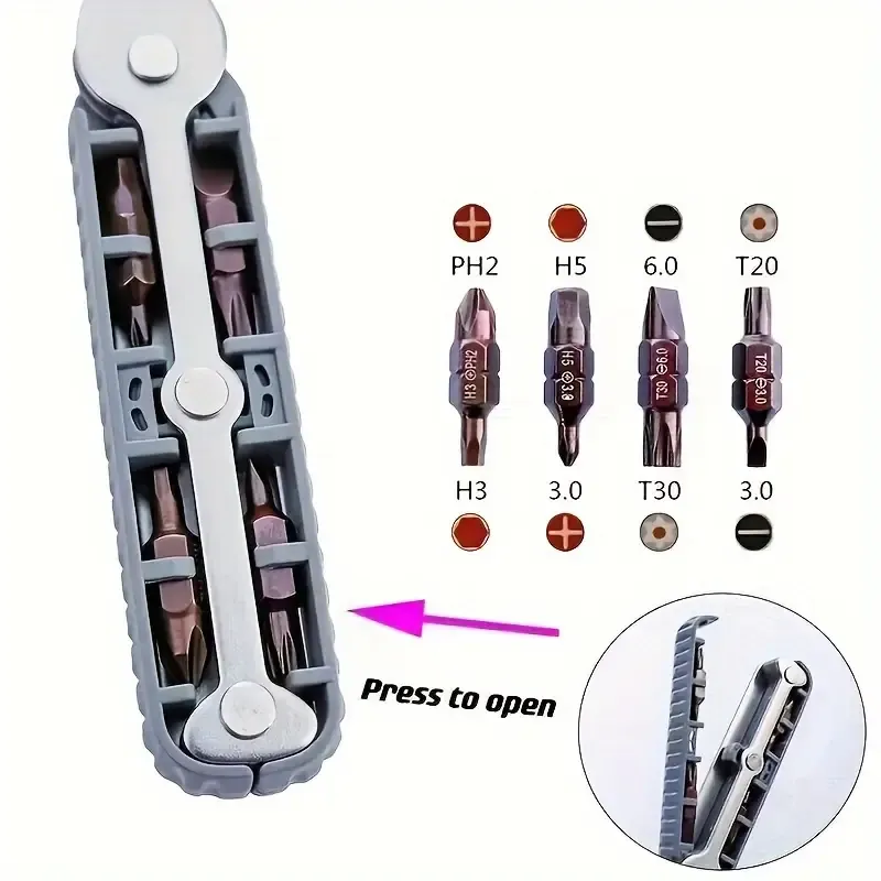 Two-way Multi-function, Ultra-thin Mini Ratchet Wrench with 8-piece Screwdriver Bits, Positive and Reverse Ratchet Screwdriver Right Angle Magnetic Wrench, Cross Short Screwdriver Bit Tool, High Torque Tight Screwdriver Set - Right Angle EDC Tool with 90 Degree Mini Offset Reversible Drive Handle and Multi Hex Bit Set