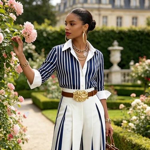 Women's 2-Piece Set – Striped Shirt & Wide-Leg Pants, Casual Look