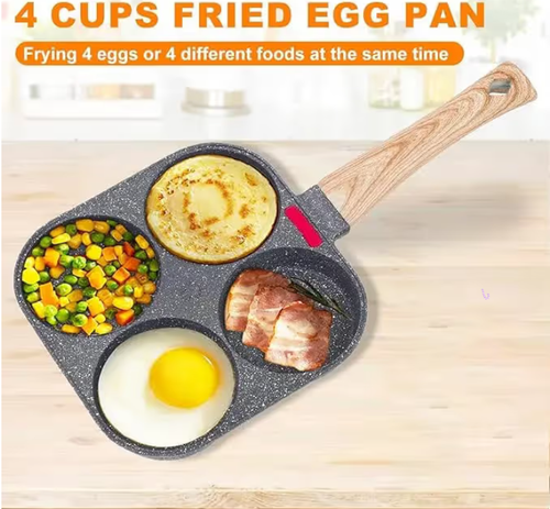 🔥💥Non-stick Egg Frying Pan, 4 Holes Skillet With Handle, Multifunctional, Wooden Handle Aluminum alloy Omelet Non-stick Cookware frying pan