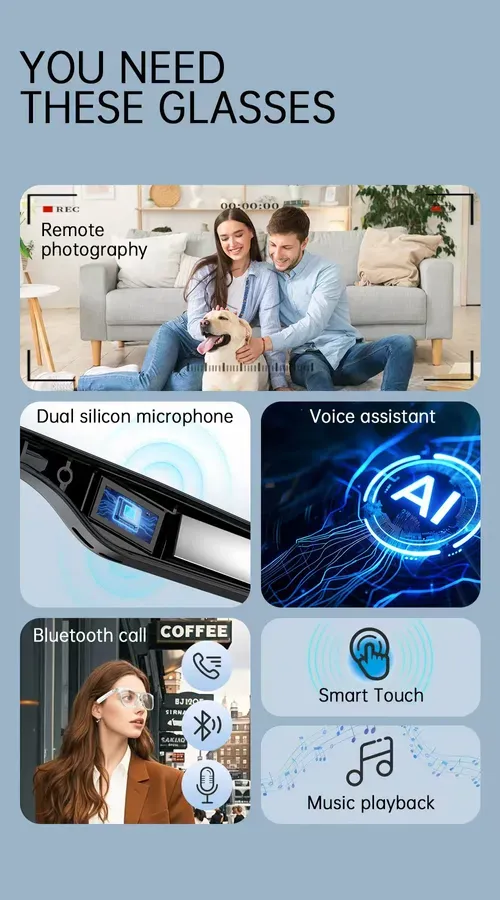 AI Smart Bluetooth Audio Sunglasses: UV protection, crystal-clear vision, hands-free calling and music playback, remote photography