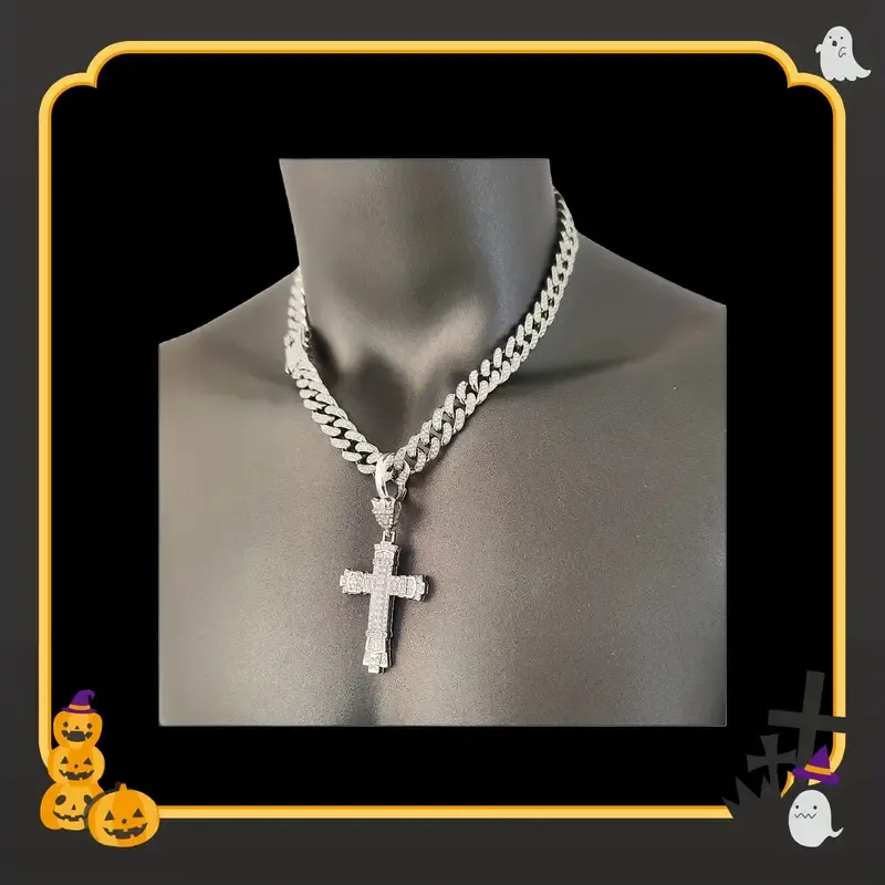 Luxury Cuban chain necklace with thick cross pendant in silver and gold plated colors, making you the brightest