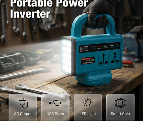 Portable Power Inverter with LED Work Light   Battery capacity: 9000 mAh