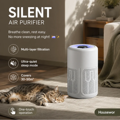 Silent Air Purifier – Multi‑layer filtration, ultra‑quiet sleep mode. Covers 30‑50m², one‑touch operation.