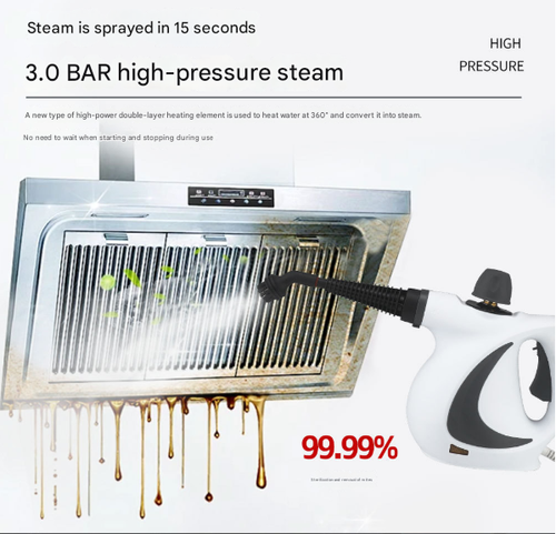 Hightemperature, highpressure steam cleaner for air conditioners, kitchen exhaust hoods, and household grease removal12piece disinfection and cleaning kit.