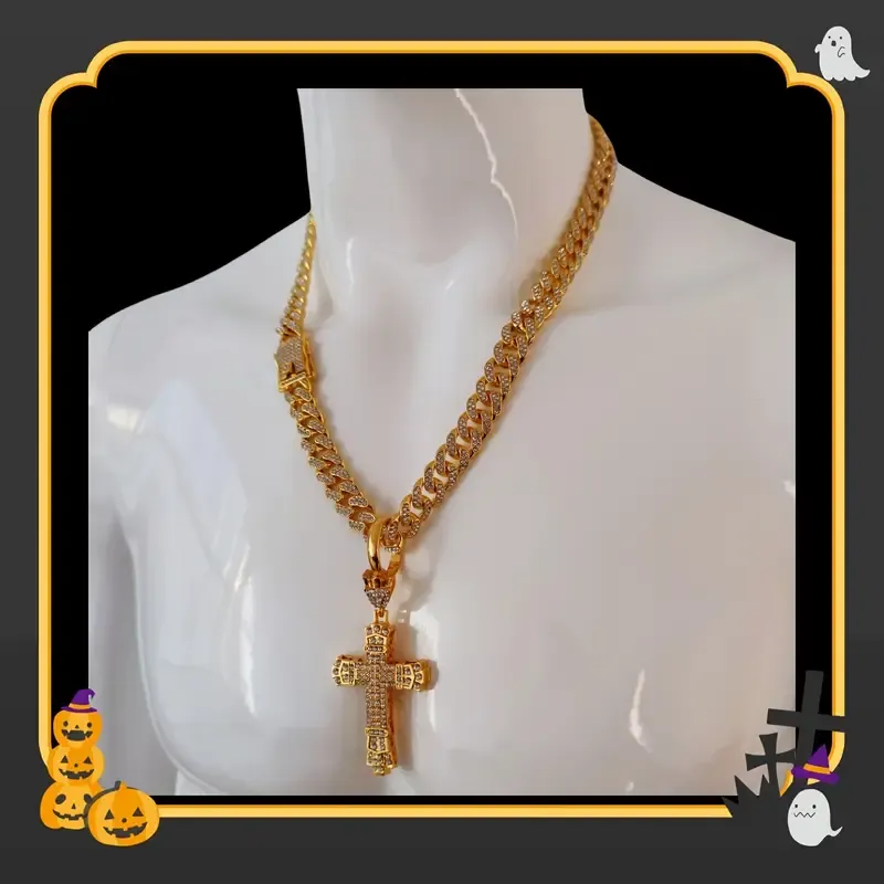 Luxury Cuban chain necklace with thick cross pendant in silver and gold plated colors, making you the brightest