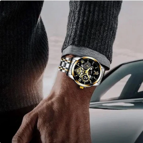 Men's Waterproof Roman Skeleton Automatic Mechanical Watch   Golden