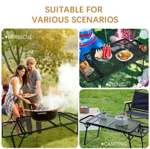 Retractable folding metal grill table with side wings