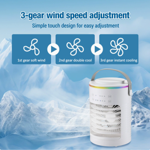 USB desk fan with ice water cooling system and 3 speeds.