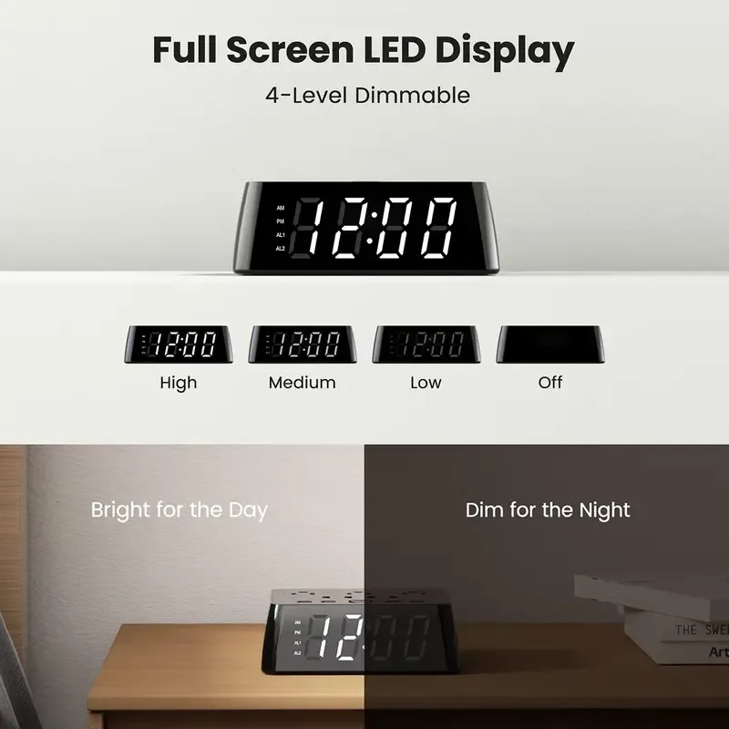 4 USB Digital Alarm Clock Digital Alarm Clock With 4 USB Charger, Desk Charging Station 3 AC Outlets, 6.5ft Cord, Power Strip Surge Protector 1700J, LCD Display, Easy Alarm Setting For Bedroom Dorm Room Hotel, Black