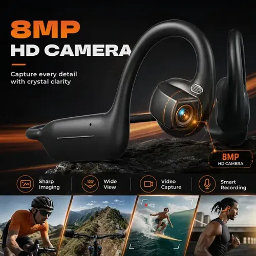 🎧 E12 Bone Conduction Open-Ear Audio Glasses with 8MP HD EIS Camera – 160+ Language AI Translation, Bluetooth Sports Headset & IP56 Waterproof Wearable for Cycling, Vlogging & Action Video