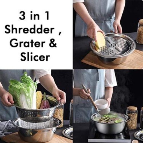 Stainless Steel Strainer With 3 In 1 Slicer, Dicer And Grater
