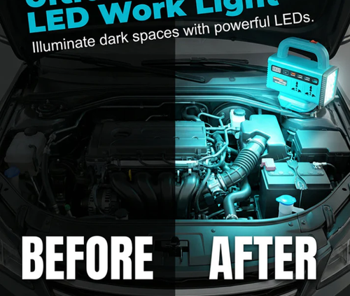 Portable Power Inverter with LED Work Light   Battery capacity: 9000 mAh