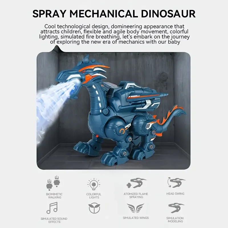 Interactive Walking Dinosaur Toy with Flamethrower, Lights and Sounds - Blue and Black