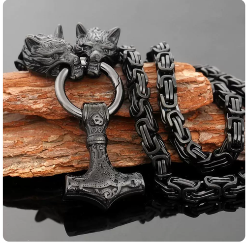 💗New Nordic-style wolf head black square buckle chain Thor's hammer men's necklace💗