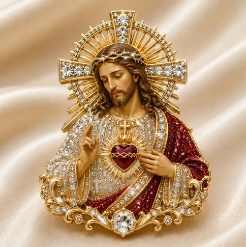 ✝️ 3D Jesus & Mary Sacred Devotion Pin | Gold-Tone Crystal Christian Brooch ❤️