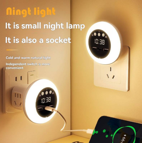 USB+Lamp+Clock+Remote ControlLED Multifunctional Socket Night Lamp for Eye Protection in Bedroom