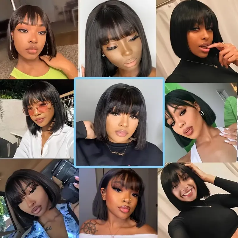 Straight Natural Scalp HD Lace Bob with Bangs 180% Density Glueless HD 2x1 Lace Bob with Bangs Glueless Wig