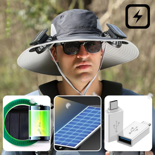 Mens Sunscreen Fisherman Hat with 2 Detachable Solar Fans