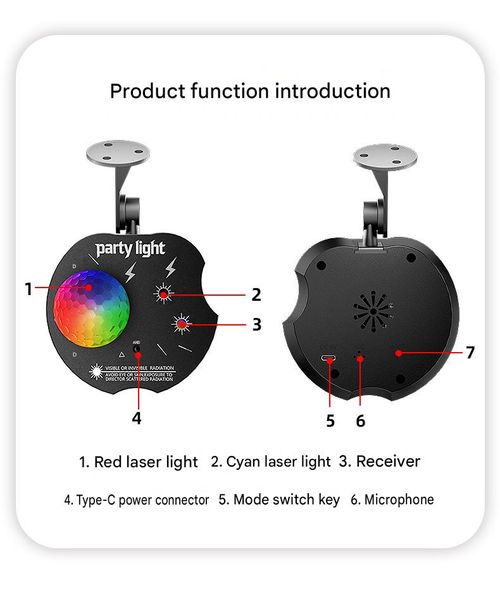 Red and green laser colored lights, voice-activated remote control, RGB magic ball disco lights