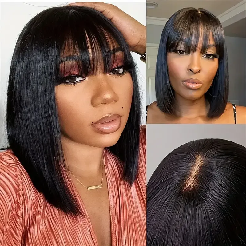 Straight Natural Scalp HD Lace Bob with Bangs 180% Density Glueless HD 2x1 Lace Bob with Bangs Glueless Wig