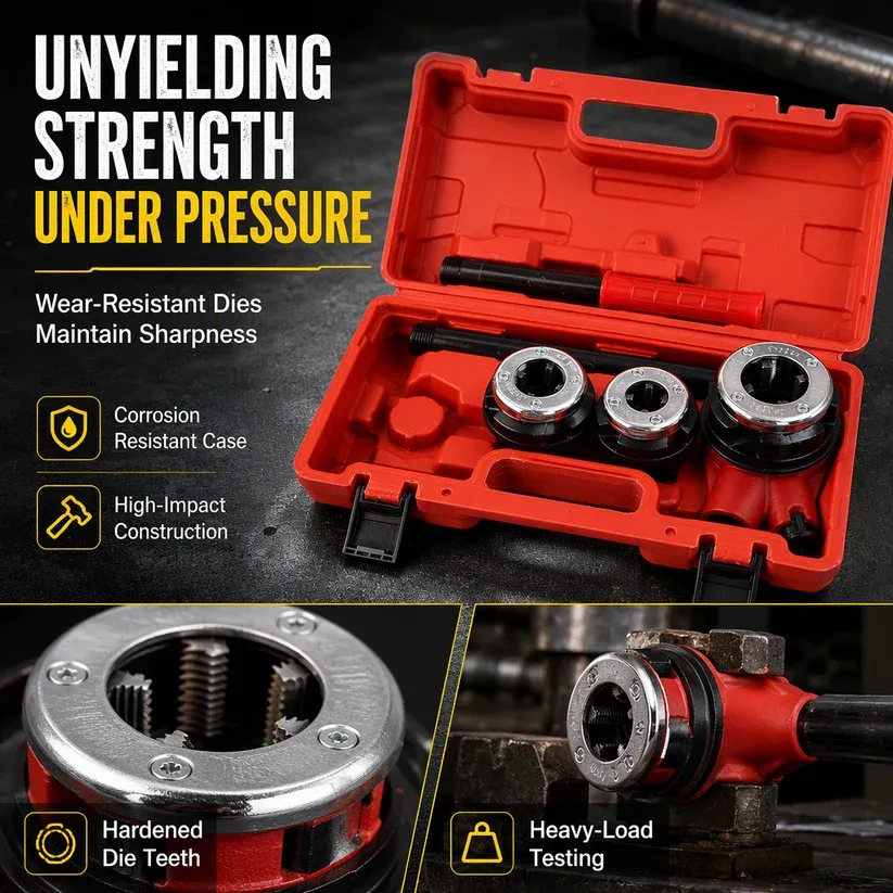 Manual Pipe Threading Tool Kit – Ratchet Handle & Die Heads, Cut Clean Pipe Threads with Less Effort