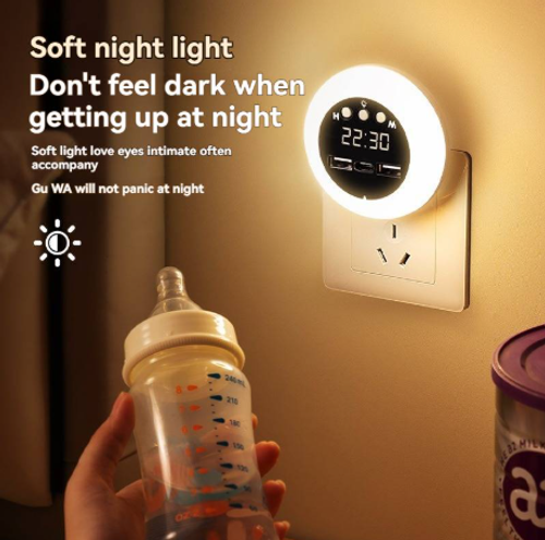 USB+Lamp+Clock+Remote ControlLED Multifunctional Socket Night Lamp for Eye Protection in Bedroom