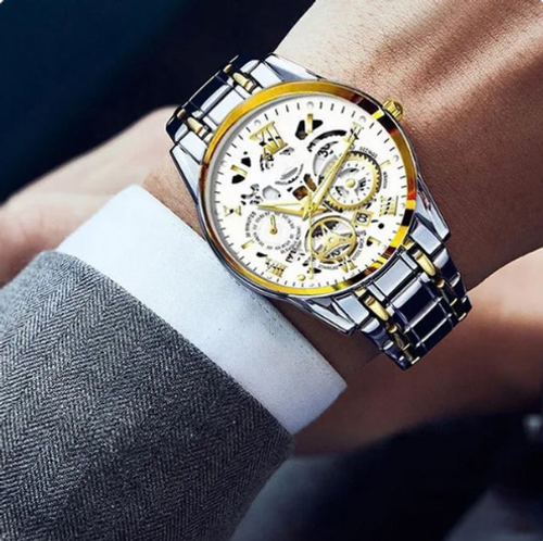 Men's Waterproof Roman Skeleton Automatic Mechanical Watch   Golden