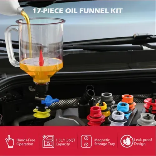 17-Piece Engine Oil Funnel Set, 1.36 qt Automotive Oil Funnel Kit with 12 Adapters