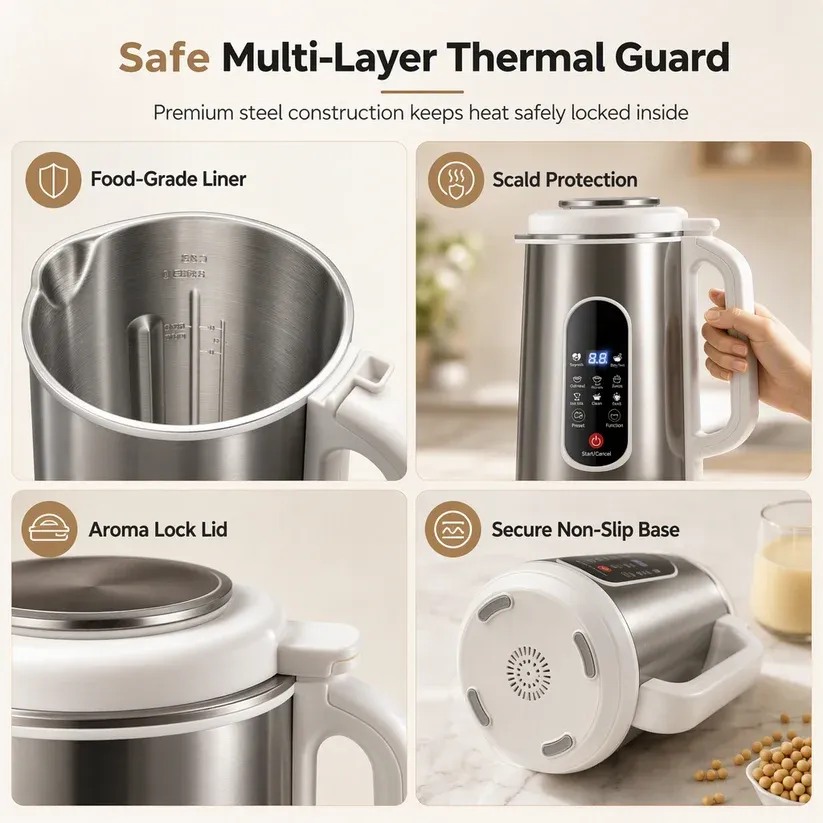 Multi-Functional 304 Stainless Steel Soy Milk Maker and High- Blender Large Capacity Filter-Free Household Food Processor with Smart Timer