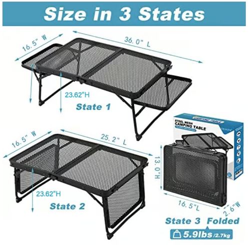 Retractable folding metal grill table with side wings