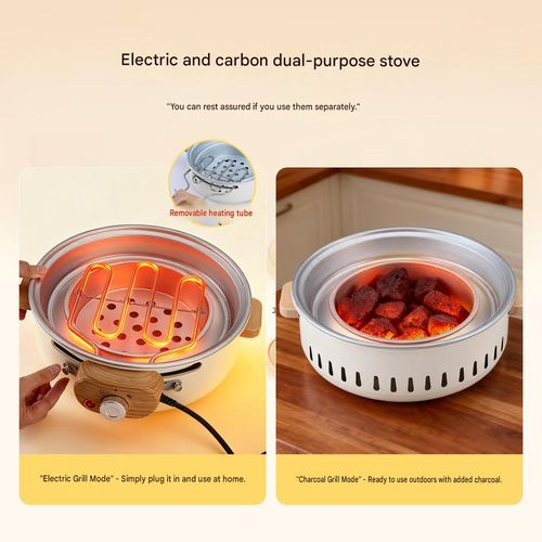 Compact, portable, multifunctional ea-brewing-by-the-fire stove—suitable for heating and grilling, compatible with both electric and charcoal power sources.