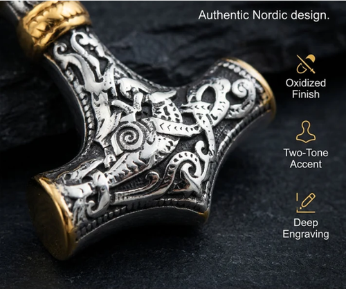 Viking Thor's Hammer Necklace – Stainless Steel Byzantine Chain  Gold 70 cm ⚡