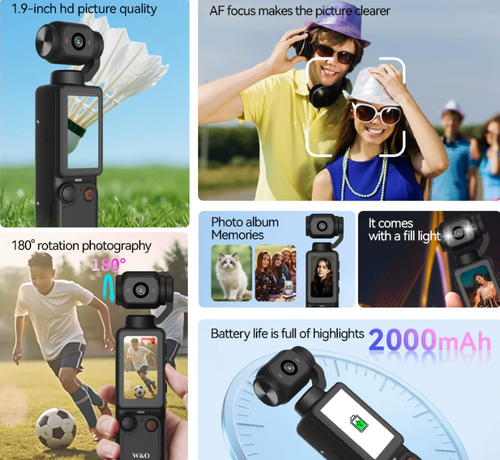 Action camera with 180° rotating lens, vlog autofocus, portable outdoor video camera