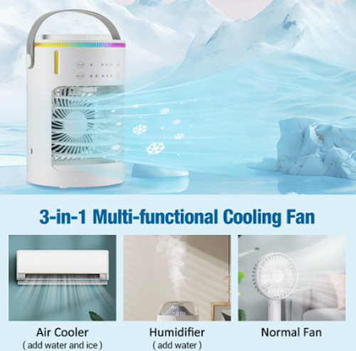 USB desk fan with ice water cooling system and 3 speeds.