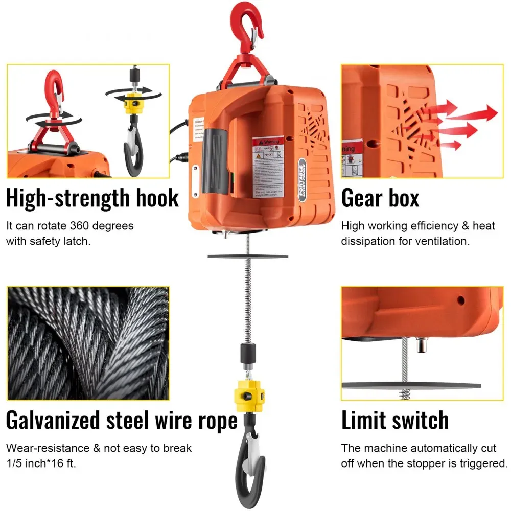 3-in-1 Electric Hoist Winch 1100lbs, Overload Protection, Towing & Lifting, Wireless Remote, 25ft Lifting Height, 220V Power, Manual Control