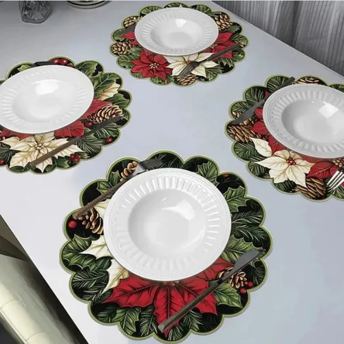 8PCS Poinsettia & Pine Cones Pattern Round Waves Placemats, Non-Slip Fabric Table Mats