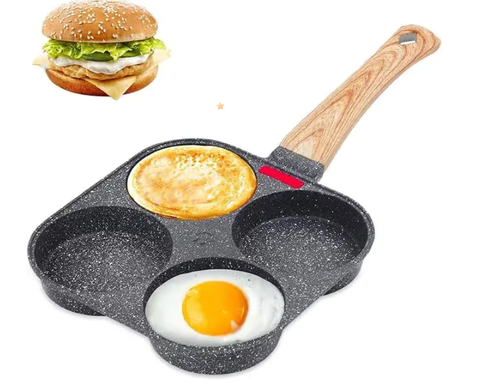 🔥💥Non-stick Egg Frying Pan, 4 Holes Skillet With Handle, Multifunctional, Wooden Handle Aluminum alloy Omelet Non-stick Cookware frying pan