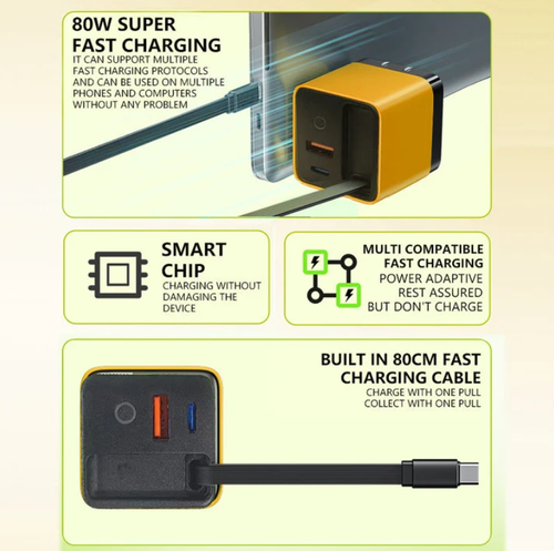 65W Fast Charging Phone Charger Block with Retractable 80cm Type-C Cable