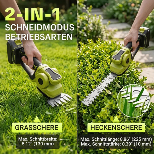 Battery-powered hedge and grass shears — 2-in-1, 45-degree swivel head