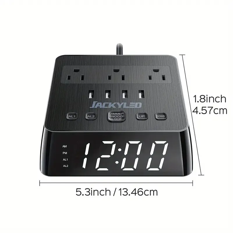 4 USB Digital Alarm Clock Digital Alarm Clock With 4 USB Charger, Desk Charging Station 3 AC Outlets, 6.5ft Cord, Power Strip Surge Protector 1700J, LCD Display, Easy Alarm Setting For Bedroom Dorm Room Hotel, Black