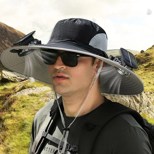 Mens Sunscreen Fisherman Hat with 2 Detachable Solar Fans
