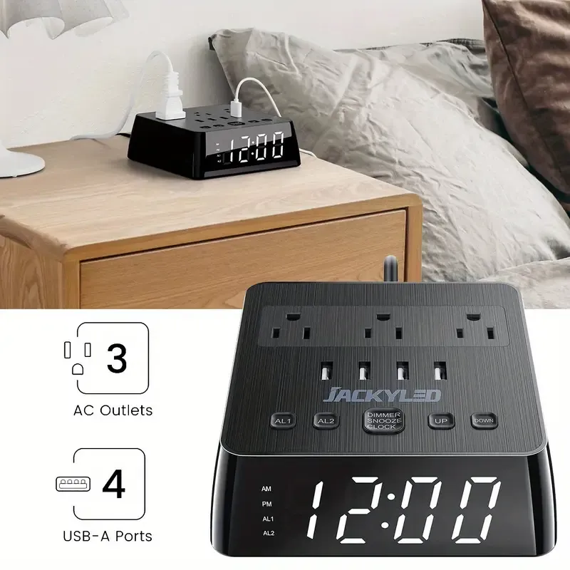 4 USB Digital Alarm Clock Digital Alarm Clock With 4 USB Charger, Desk Charging Station 3 AC Outlets, 6.5ft Cord, Power Strip Surge Protector 1700J, LCD Display, Easy Alarm Setting For Bedroom Dorm Room Hotel, Black